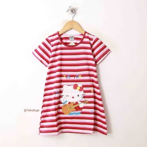 Baju Pakaian Anak Cewek Perempuan Dress Salur Umur 1 2 3 4 5 6 7 8 Tahun Bordir Hello Kitty Cute