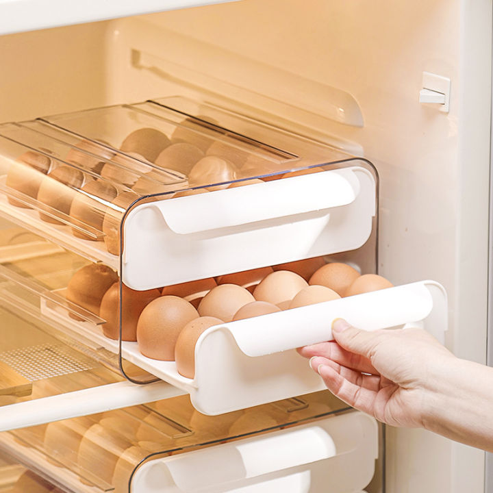 Popxstar 1pc Kitchen Double-layer Drawer-type Egg Storage Box Plastic Refrigerator Fresh-keeping Home Desktop Storage Egg Box
