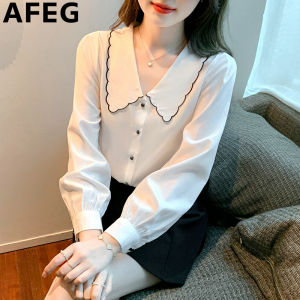 AEEG Solid color Korean version doll collar fashion loose vintage chiffon long-sleeved blouse