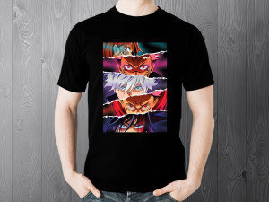 Kaos T-shirt Katun Combed 24s - Desain Jujutsu Kaizen Warna Biru Muda/Kuning/Hitam/Biru Laut - Ukuran S-XXXL