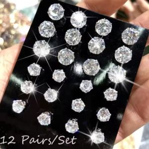 12 Pairs/Pack Shiny Zircon Stud Earrings Set for Women Men Silver Crystal Ear Jewelry Accessories