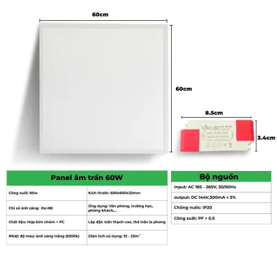 ĐÈN LED ÂM TRẦN PANEL 600*600 - 60W-80W-100W CHIP LED SIÊU SÁNG NGUỒN NỐI ĐI KÈM SỬ DỤNG VĂN PHÒNG HỘI NGHỊ BẢO HÀNH 1 NĂM