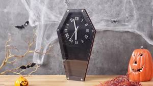 Kenning Halloween Coffin Wall Clock Wooden Gothic Wall Decor Black Baroque Hanging Clock Gothic Coffin Shaped Wall Art for Living Room Bedroom Goth Horror Decorations