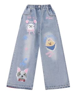 JZ Girls Long Jeans Childrens Pants Cartoon Print. Trendy Fashion Style Wide Legs Cute Comfortable to Wear.