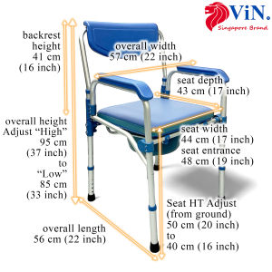ViN-K01B Foldable Commode Shower Chair Toilet Chair Back Support Stationery Anti Rust Height Adjust