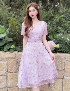 Đầm hoa nữ mặc đi chơi chất voan cao cấp hai lớp cổ V tay ngắn ôm eo váy xoè xinh xắn