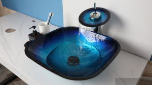 LDIES Bathroom Washbasins Set Gradient Blue Tempered Glass Basin Faucet Sets Waterfall Or Stream Mode Hot Cold Mixer Taps N2K8R