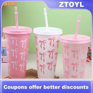 【ZTOYL】 1PC 710ml Kawaii Bow tái sử dụng bên ly với rơm nắp cà phê nước trái cây trà dễ thương cốc với rơm ly nhựa Quà Tặng mùa hè