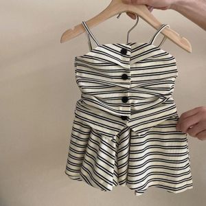 Bear Leader Summer New Black and White Stripe Print Girls Clothes Sets Casual Pleated Suspenders T-shirt Top + Shorts Two-piece Suits Outfits Korean Fashion Kids Casual