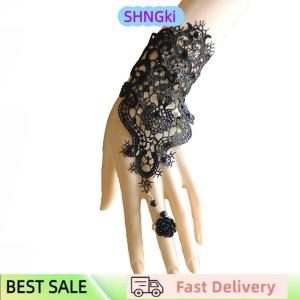 SHNGki 1pc Women Goth Rose Beads Flower Lace Slave Glove Adjustable Ring Long Bracelet