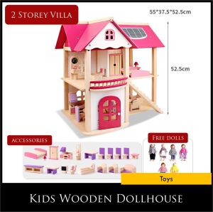 Kids Wooden Dollhouse For Boys Girls Pretend Play Toys Furniture Set Kit