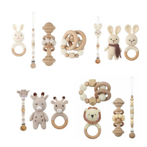 3/4pcs Handmade Crochet Baby deer/Rabbit Stuffed Dolls Newborn Bunny Rattle Toy Wooden Teething Ring Pacifier Chain Clips2026