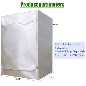 ผ้าคลุมเครื่องซักผ้า มีซิปเปิดปิดง่าย มีสายรัดสำหรับถอดและซัก มีทั้งผ้าคลุมฝาบนและฝาหน้า กว้าง 60 ลึก 59-65 สูง 85 ซ.ม（8.5-12kg）กันน้ำและกันฝุ่น ไม่ต้องถอดฝาออกเมื่อเครื่องซักผ้าทํางาน เคลือบสีเงินบนผ้าโพลีเอสเตอร์ ทนต่อการเสื่อมสภาพ สะท้อนแสงอาทิตย์ได้ดี