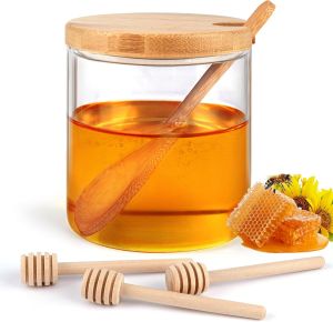 Honey Pot with Honey Sticks Glass Honey Dispenser One Honey Dipper and Three Honey Sticks Set 10 Oz Honey Dispenser no Drip Glass Honey Jar Honey Containers
