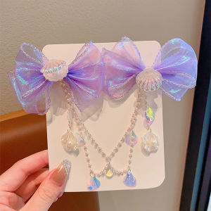 MillionGrid Phim Hoạt Hình Cô Gái Tóc Clip trẻ em Nàng Tiên Cá Công Chúa Ngọc Trai rìa màu hồng tím Bow trán chuỗi kẹp tóc Cổ Tích móc tai phụ kiện