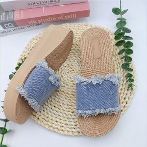 Free Shipping Summer One-Strap Denim WomenS Outdoor Anti-Grass Woven Sandals Fashionable Thick-Soled Wedge Heel Beach Shoes