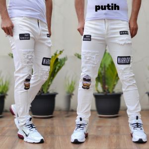 XTyasaa Jeans Pria Ripped Slim Fit Rendah Pinggang dengan Bordir Emblem - Warna Solid Biru Hitam Navy Putih