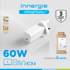 Innergie C6 60W USB-C GaN Charger Support USB PD 3.0  for USB-C Laptops / MacBook Pro Air/ iPhone 16 / iPad / Switch  UL/IEC 62368-1 Certified (Delta Electronics)