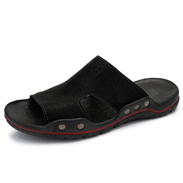 Summer Men Leather Slides Slippers Plus Big Size 47 48 Casual Shoes Outdoor  Beach Black Soft Sandals Flats