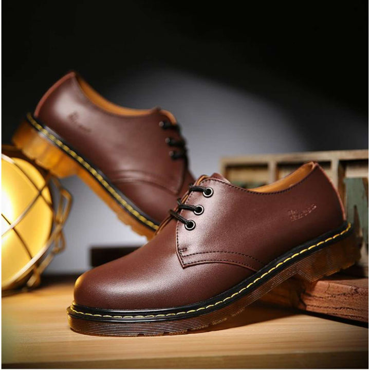 Giày đốc nam da bò giày Dr.Marten tây nam buộc dây da trơn đế khâu B-9 màu nâu