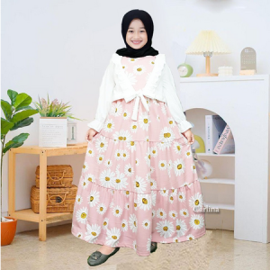 Gamis Anak Rompi Putih Ruffle Bunga Muslimah Kaaffah 3-13 tahun Dress Panjang Kids