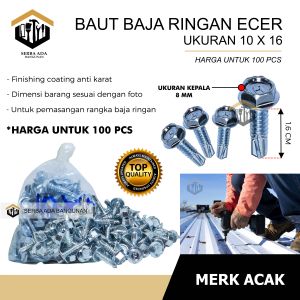 Baut Roofing Skrup Baja Ringan 10x16 10x19 Harga untuk 100pcs Termurah