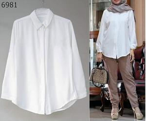 T-OS Pakaian Wanita Atasan Kemeja Putih Polos Lengan Panjang 10120