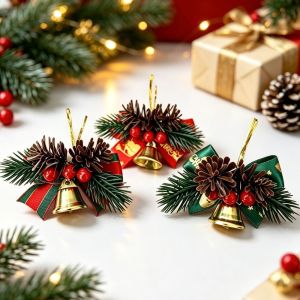 MUSCLEX 5pcs Đỏ Xanh Đồ trang trí Giáng sinh Vật liệu hỗn hợp Thiết kế nơ Bộ trang trí hộp quà  Có Chuông  dây chuyền quả thông Berry Đồ trang trí ngày lễ