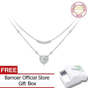 BAMOER 925 Sterling Silver Halo Heart Moissanite Pendant Necklace Double-layer Necklace for Women Valentines Day Gift MSN033