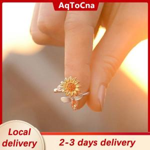 [COD] AqToCna Ship within 24 hours Opening Adjustable Spinning Sunflower Bee Release Stress Ring Rotatable Zircon Copper Finger Ring For Women Fashion Jewelry