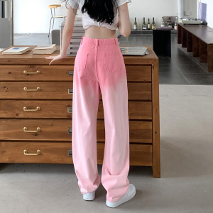 Celana panjang lurus pinggang tinggi gaya Korea celana jeans kaki lebar ramping longgar