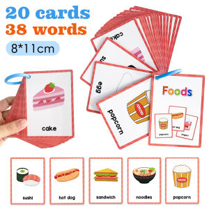 20PCS Kids Educational Flash Cards Set Food First Words Concept Vocabulary Flashcards Activity Cards English Learning Montessori Toys Sight Words Flash Cards for Toddlers Preschoolers Kindergarteners 1st Graders