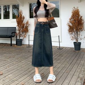 COD Rok Denim R Wanita Musim Bunga dan Musim Panas Kelihatan Kurus Pinggang Tinggi Baru Sederhana Panjang Pecah Hujung Skirt a Korea Satu Langkah Sem