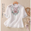 LUCKIN STORE Phụ nữ hàng đầu Tay áo ngắn thêu Phụ nữ mùa hè Slim T-shirt 2026 Áo sơ mi mới cộng với kích thước hàng đầu Cotton Women's Top Blouse Women Quần áo năm mới 2026 Hanfu women chinese  Cô gái áo đỏ cny top. 