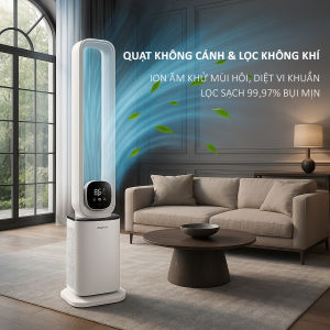 Quạt Không Cánh 2 Trong 1 Lọc Không Khí AUX 5 Lớp + Ion Âm - Làm Mát 12 Cấp Khử Mùi Diệt Khuẩn An Toàn Cho Trẻ Em