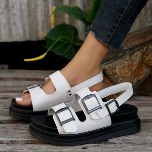 Thick-Soled Sandals 2025 Summer New Style Solid Color Cross-Cutout Flat-Heel Buckle Strap Large Size Hollow Roman Sandals