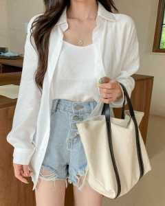 Koraru Kemeja Wanita Dewasa Oversize Bahan Linen Lengan Panjang Double Pocket - Atasan Wanita Korean Shirt Kekinian