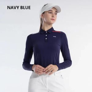 PGM Women High Elastic Golf T-shirt Ladies Slim Patchwork Sport Tennis Tops Women Turn Down Collar Casual Shirt Comfortable Golf Wear