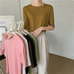 Korean Style Short-sleeved T-shirt Women Round Neck Slim Fit Thin Modal Mid-sleeve Shirt