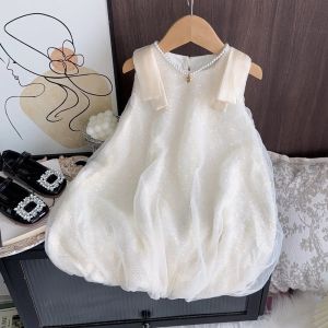 Summer New Girls Sequined Lace Bow Bubble Princess Dress Korean Version Fashionable Solid Color Kids Clothes 2-7 Years Old2026