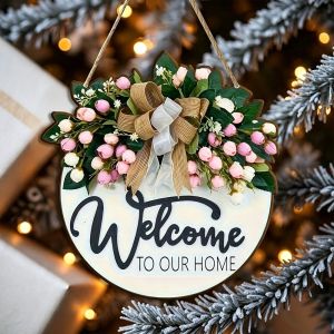 NEMOPH Phong cách cổ điển Biển Chào Mừng Hình Tròn 2D Ngôi nhà ấm áp 2D Phẳng Tấm gỗ treo Tấm cửa tròn Trang trí cửa trước