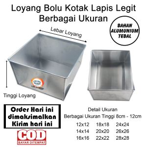 Loyang bolu kotak lapis legit tinggi 8cm sd 12cm dengan berbagai ukuran