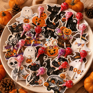 WARMSUN Mixed Style Lollipop Cards Ghost Cartoon Candy Paper Holders Spooky Bat Halloween Lollipop Decor Party