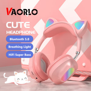 VAORLO Bluetooth Cute Cat Ears Headphones LED Breathing Light Gaming Headset Wireless RGB Breathing Light Earphones Support TF Card With Mic Kid Girl Stereo Music Earbuds Kitten Earphone For PC Laptop Android Phones