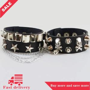 [COD] Punk Gothic Skull Bracelet Chains Metal Spikes Rivet PU Leather Wristband Cuff Bangle Wide Cuff Bracelet Women Men Jewelry