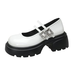 ECCO/2024 summer  Mary Jane small leather shoes women round head shallow double buckle rhimestone patent leather thick bottom shoes