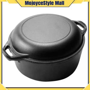 2 in 1 Cast Iron Dutch Oven with Skillet Lid for Bread Baking and Camping Cooking Heavy Duty Black Coating
