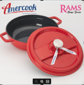 Amercook 24cm iPot Series Enamel Cast Iron Round Shallow Pot with Lid / Induction / Michelin Chef Signature Collection / Classic Enamelled Cast Iron / Bakeware / Roaster With Self Moistening Circulation Lid / High Quality Dutch Oven Pot / Sourdough