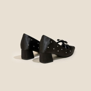 Có hàng giao hàng tức thì tăng chiều cao 7cm Giày Mary Jane mũi nhọn satin đính đá miệng nông nơ cho phụ nữ nhỏ nhắn