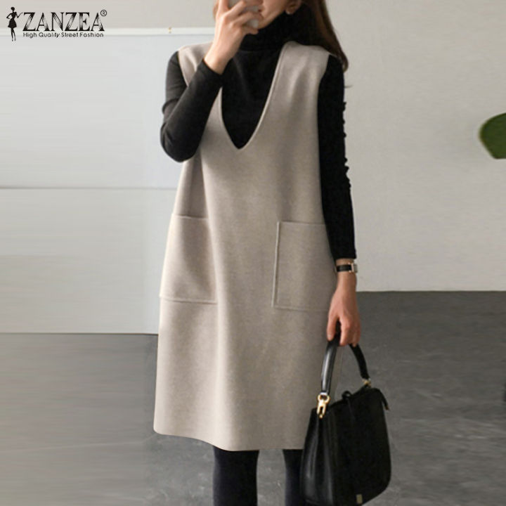 HijabFab ZANZEA Korean Style Women Holiday Sleeveless Corduroy Dress Casual  Loose Sleeveless Apron Dress Winter Solid Dress Oversize #10 | Lazada